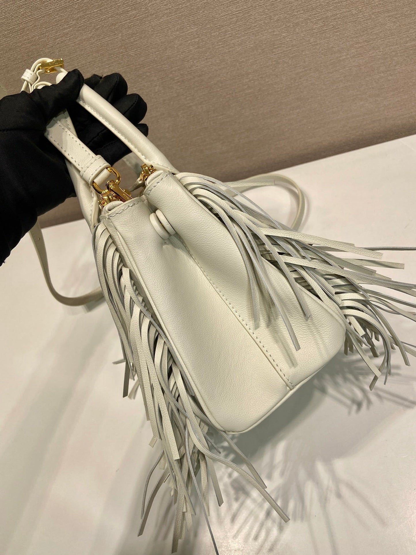 Prada Small Galleria White Tote Bag with Fringe Detailing