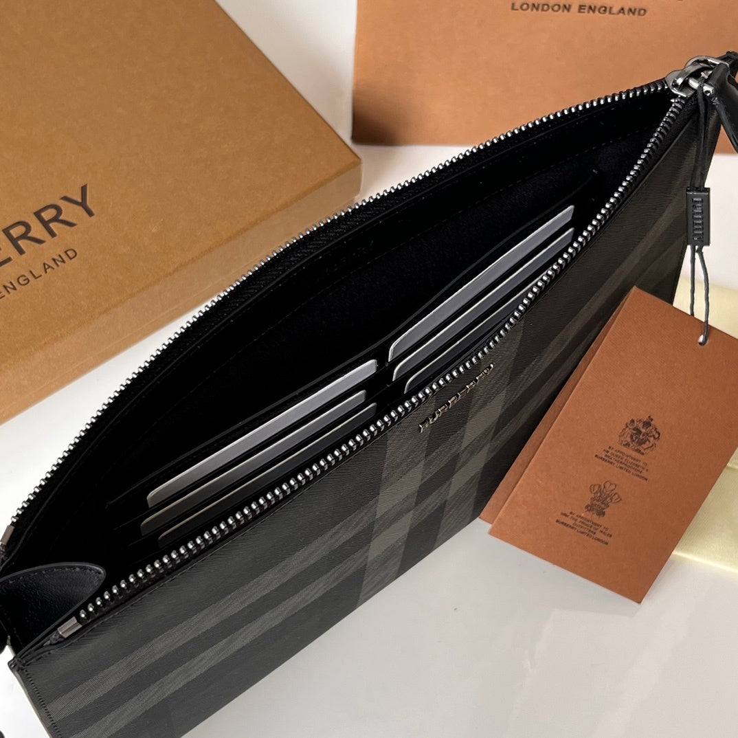 Burberry Edin Check Zip Pouch in Charcoal with Detachable Wrist Strap