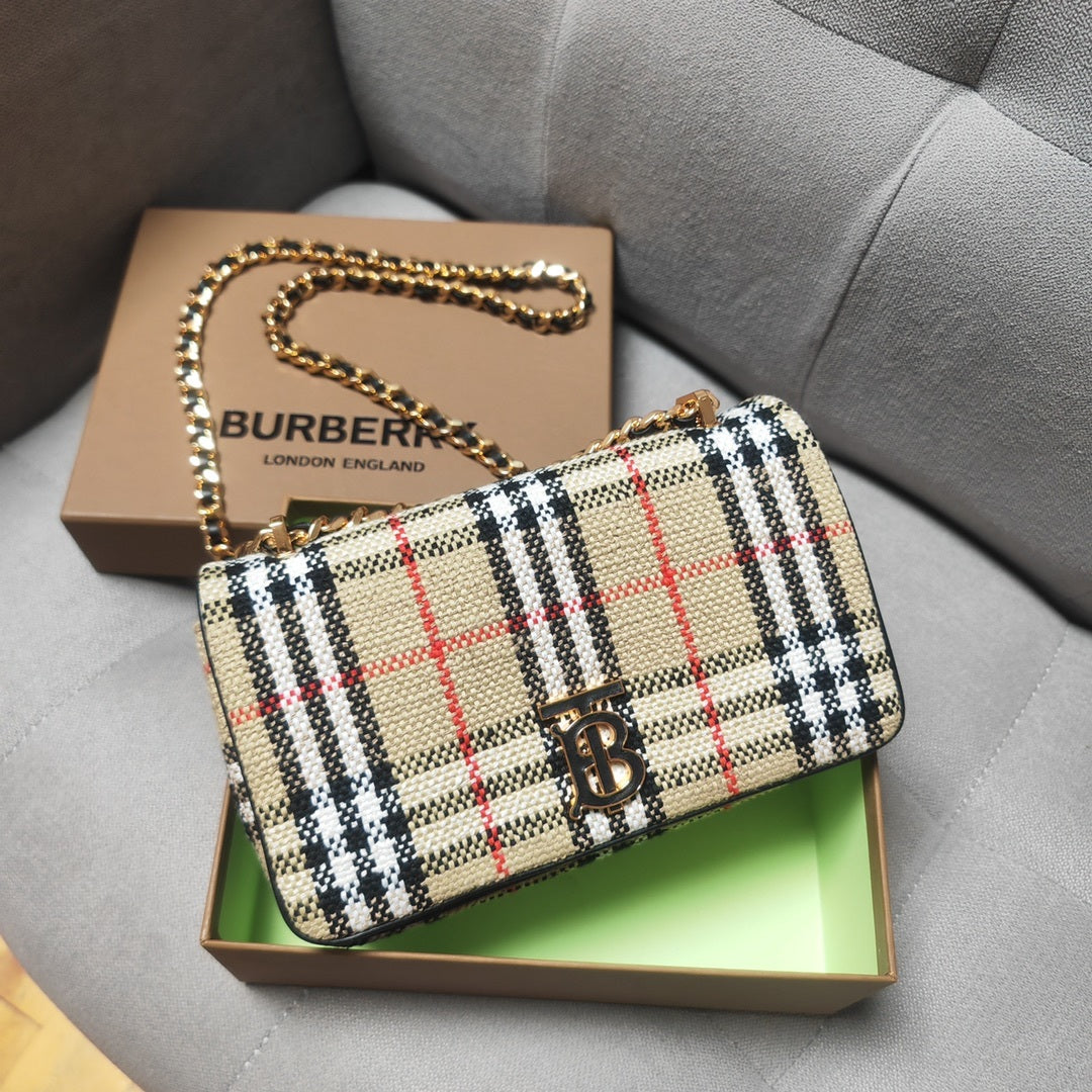 Burberry Beige Check Crossbody Bag with Gold-Tone Chain Strap