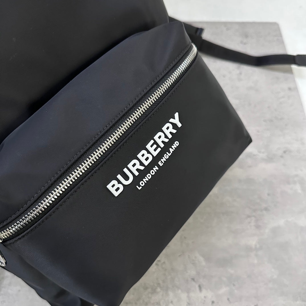 Burberry Black Nylon Backpack with Raised Logo and Leather Trim