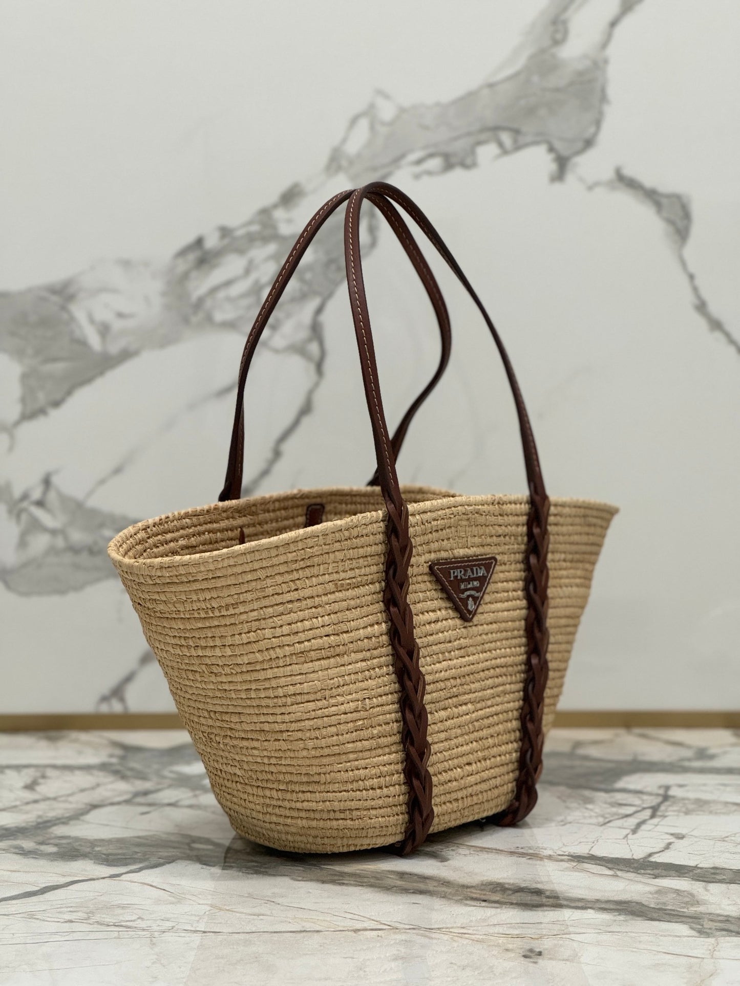 Prada Logo Leather-Trimmed Raffia Basket Bag – Natural/Beige & Cognac with Braided Leather Handles