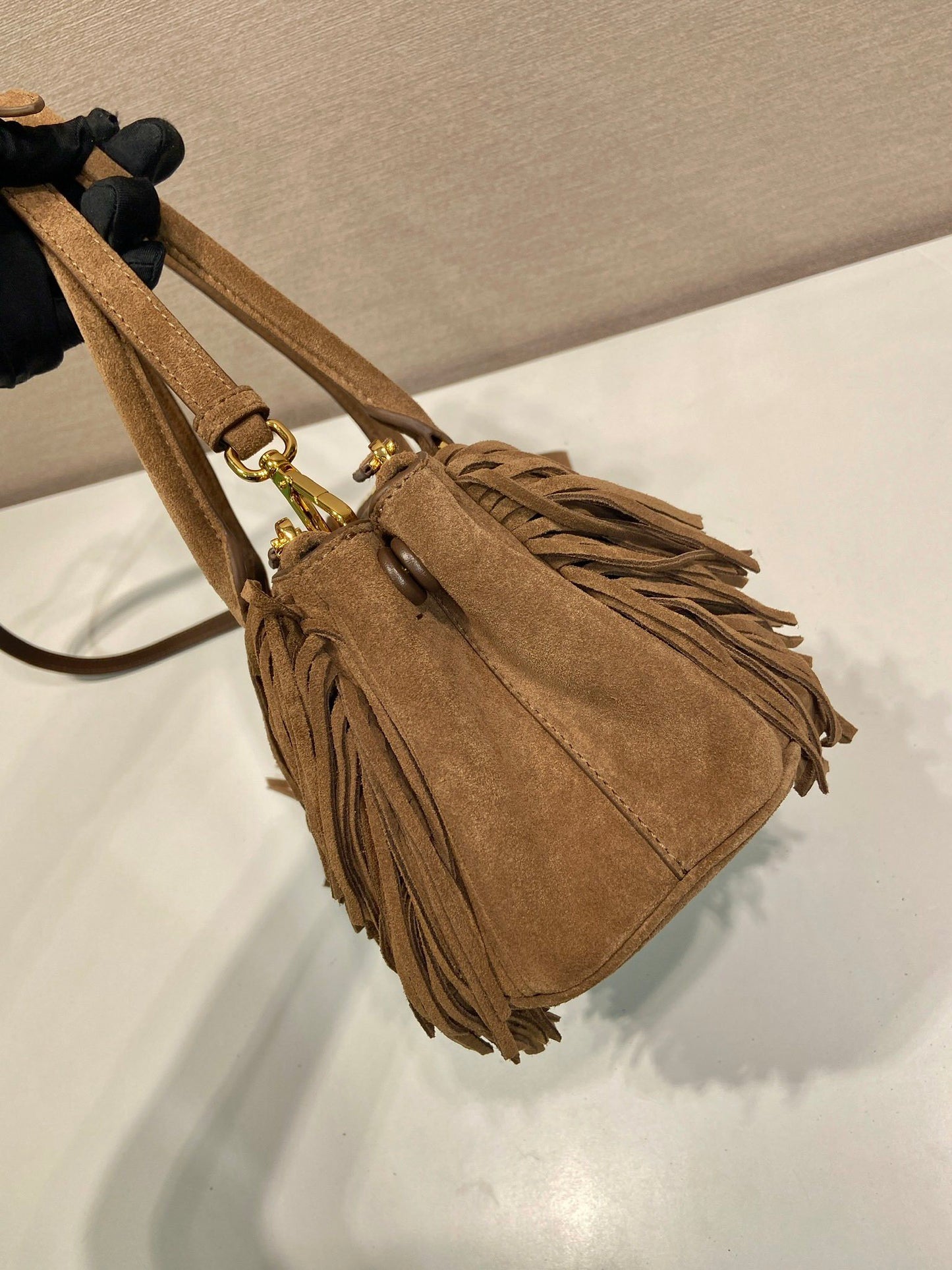 Prada Galleria Medium Cocoa Brown Suede Bag with Fringe