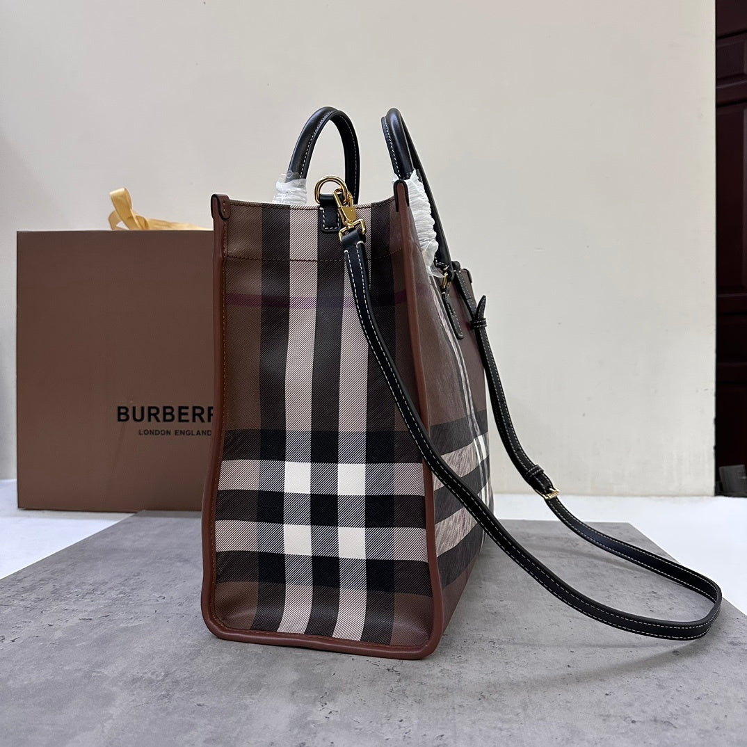 Burberry Medium Freya Tote Bag in Dark Birch Brown Check with Black Leather Trim