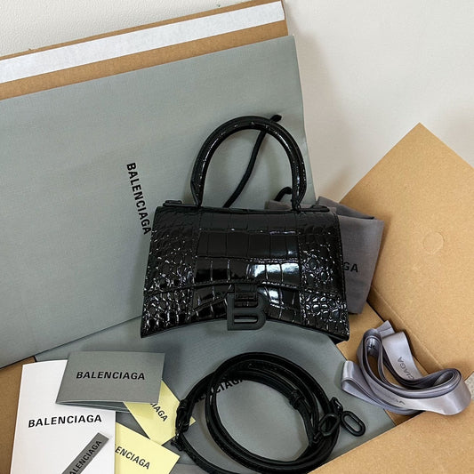 Balenciaga Hourglass Black Crocodile-Embossed Top Handle Bag