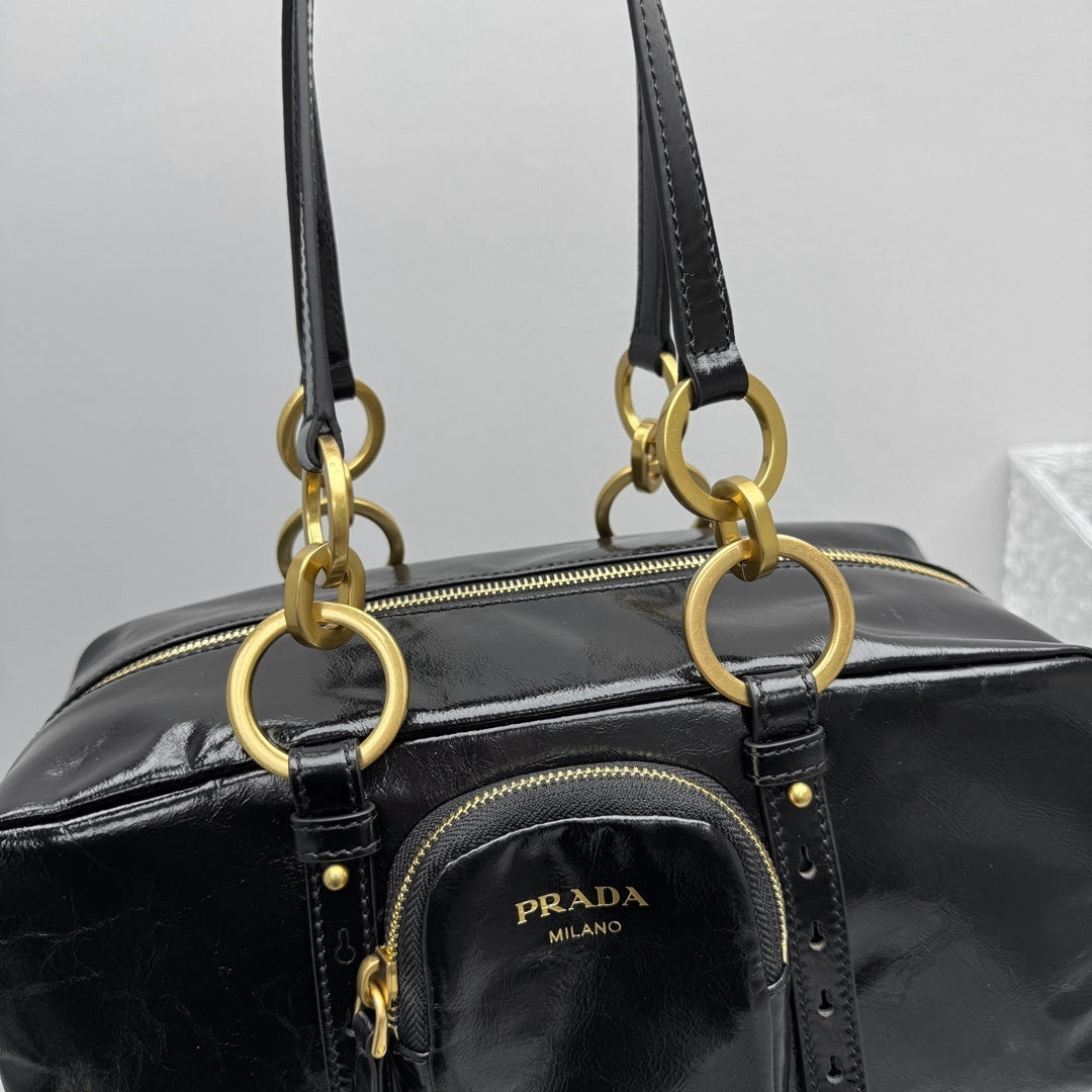 Prada Dangle Medium Black Leather Top Handle Shoulder Bag