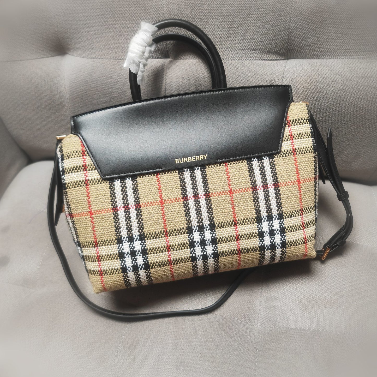 Burberry Women's Medium Catherine Check Leather Top Handle Bag