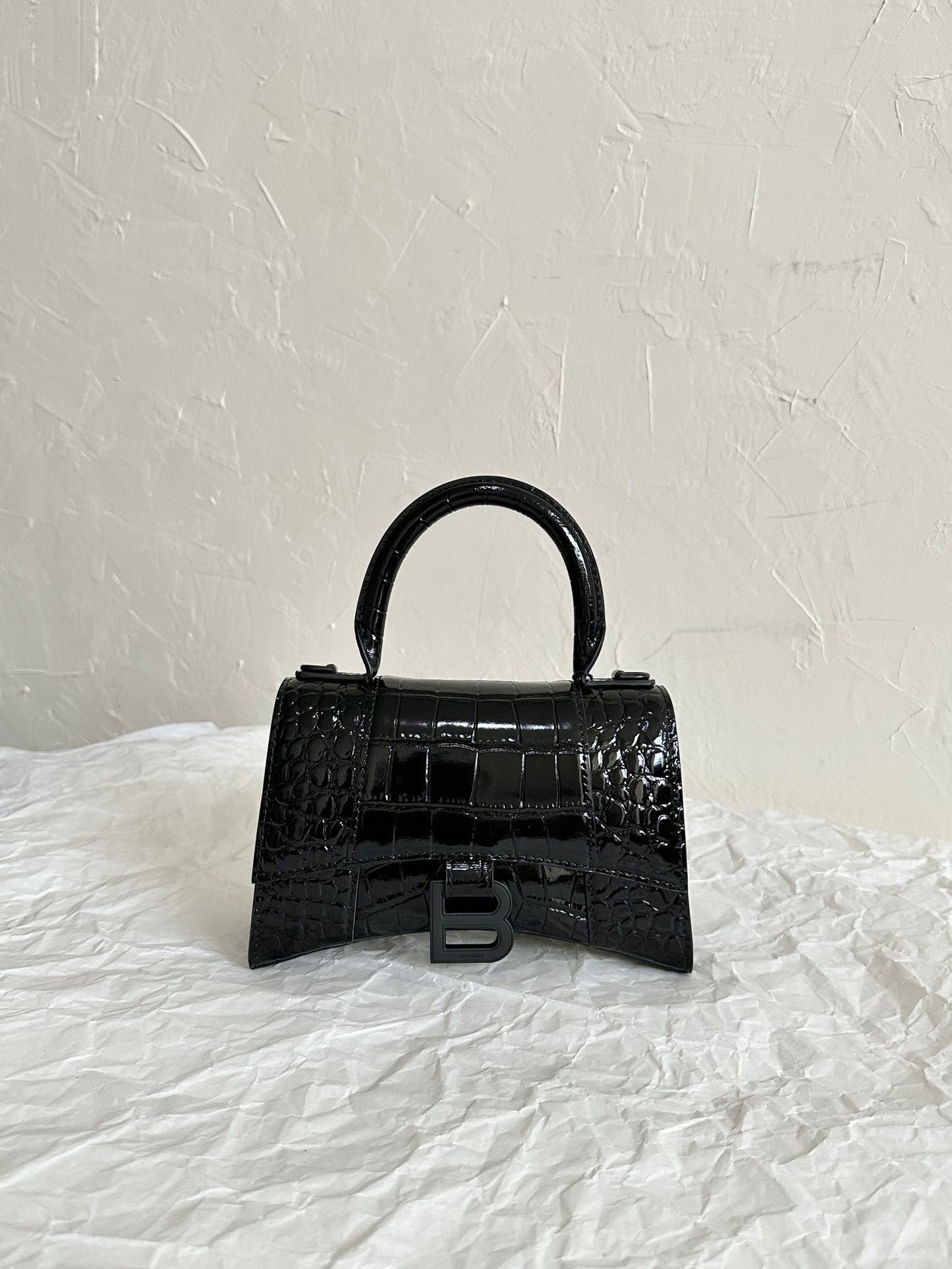 Balenciaga Hourglass Black Crocodile-Embossed Top Handle Bag
