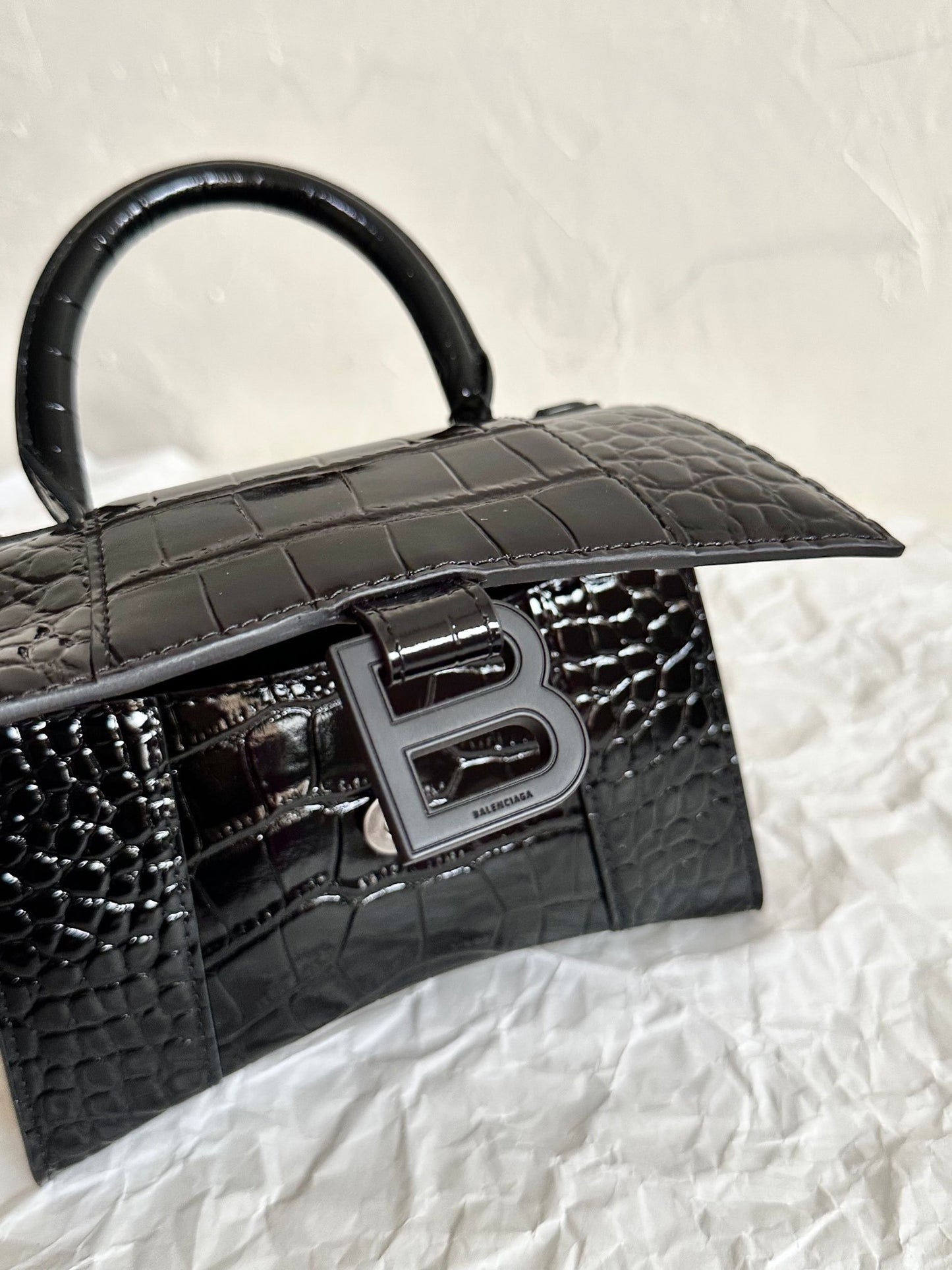 Balenciaga Hourglass Black Crocodile-Embossed Top Handle Bag