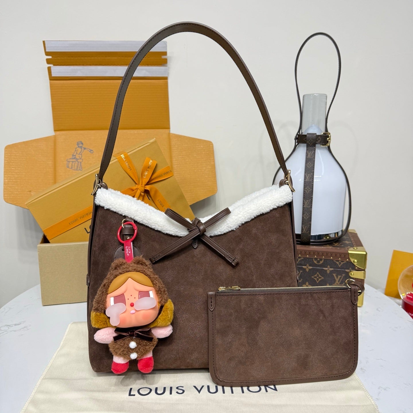 Louis Vuitton CarryAll PM Handbag in Chocolate Suede & Shearling – Cozygram Collection