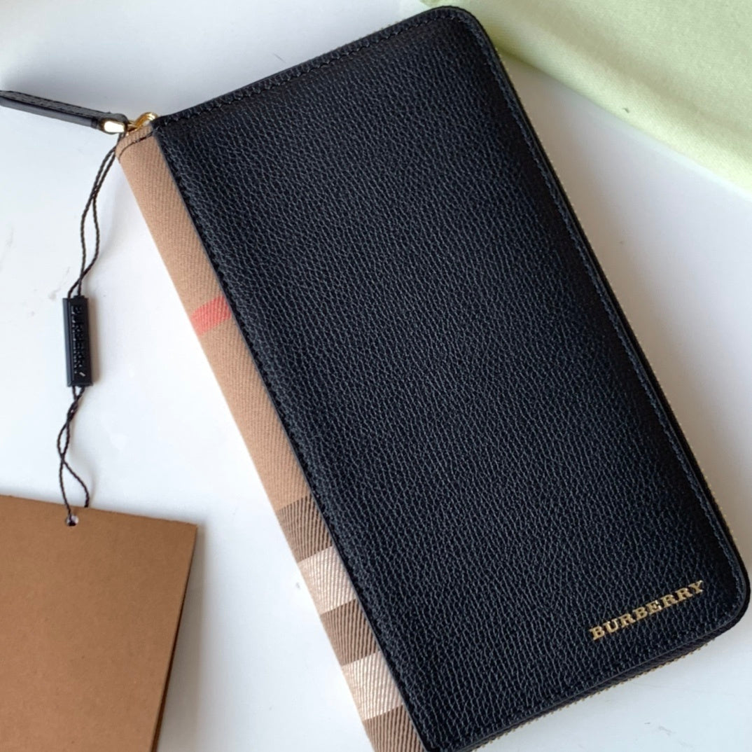 Burberry Logo Leather Continental Wallet in Black Calfskin with Check Side Panel