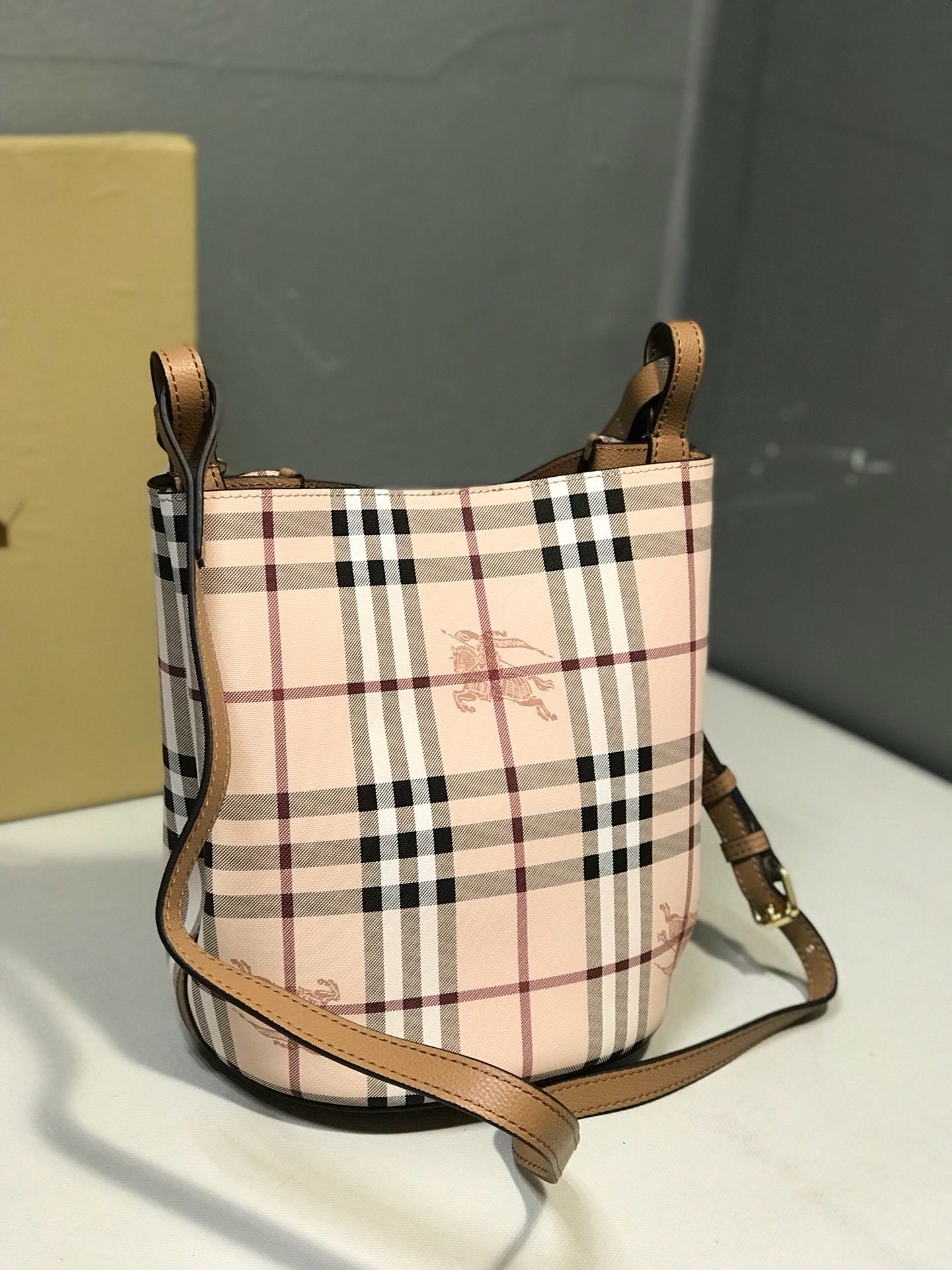 Burberry Lorne Bucket Bag Haymarket Check Coated Canvas Luxury Handbag