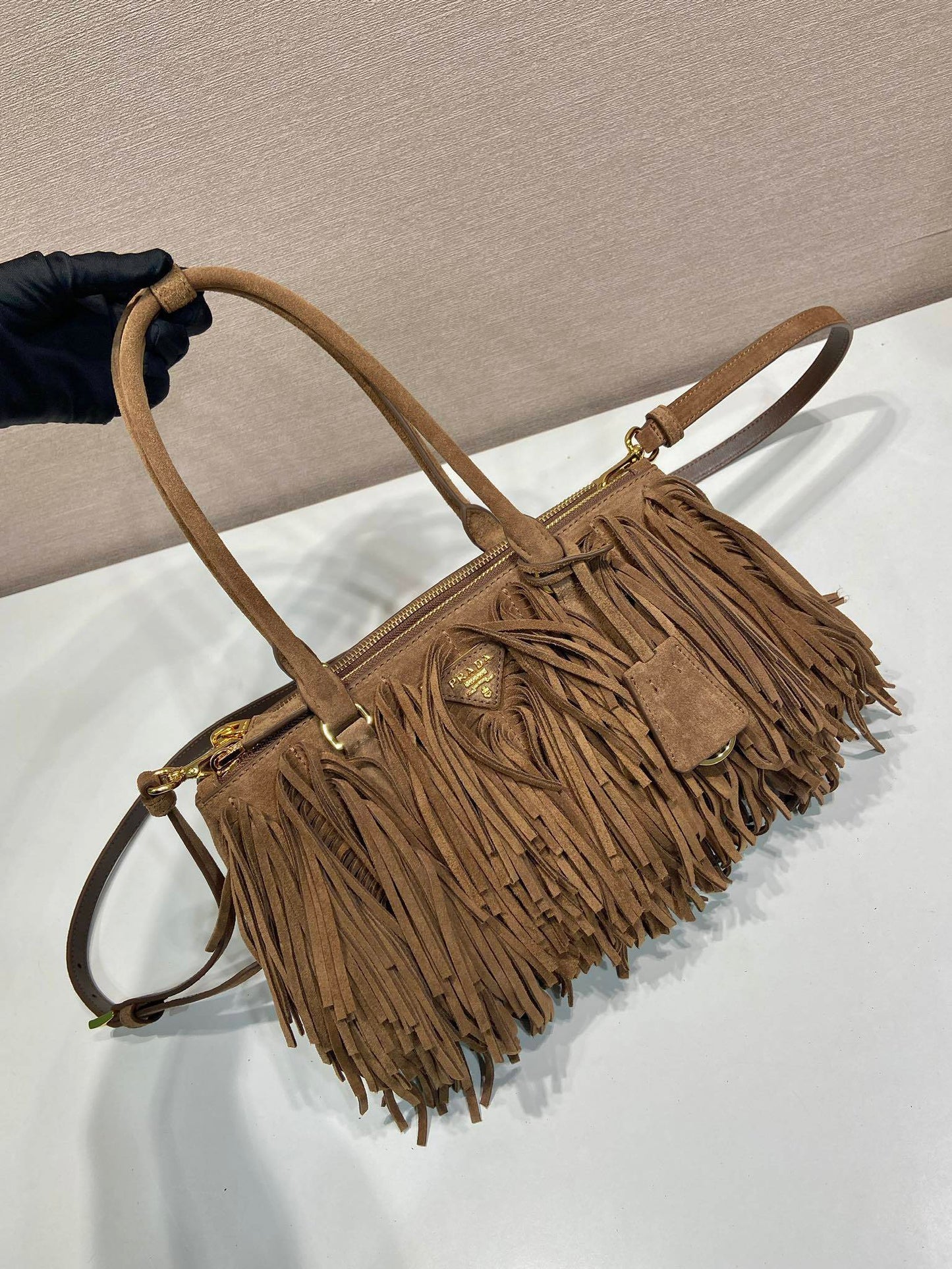 Prada Galleria Medium Cocoa Brown Suede Bag with Fringe