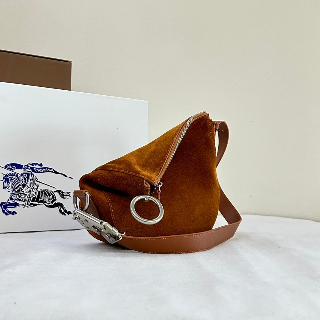 Burberry Knight Small Brown Suede Shoulder Bag with Silver Ring Detail