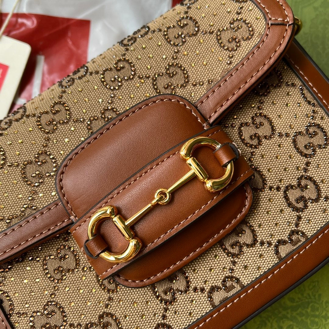 Gucci Horsebit 1955 Mini Shoulder Bag in Beige & Brown GG Supreme Canvas