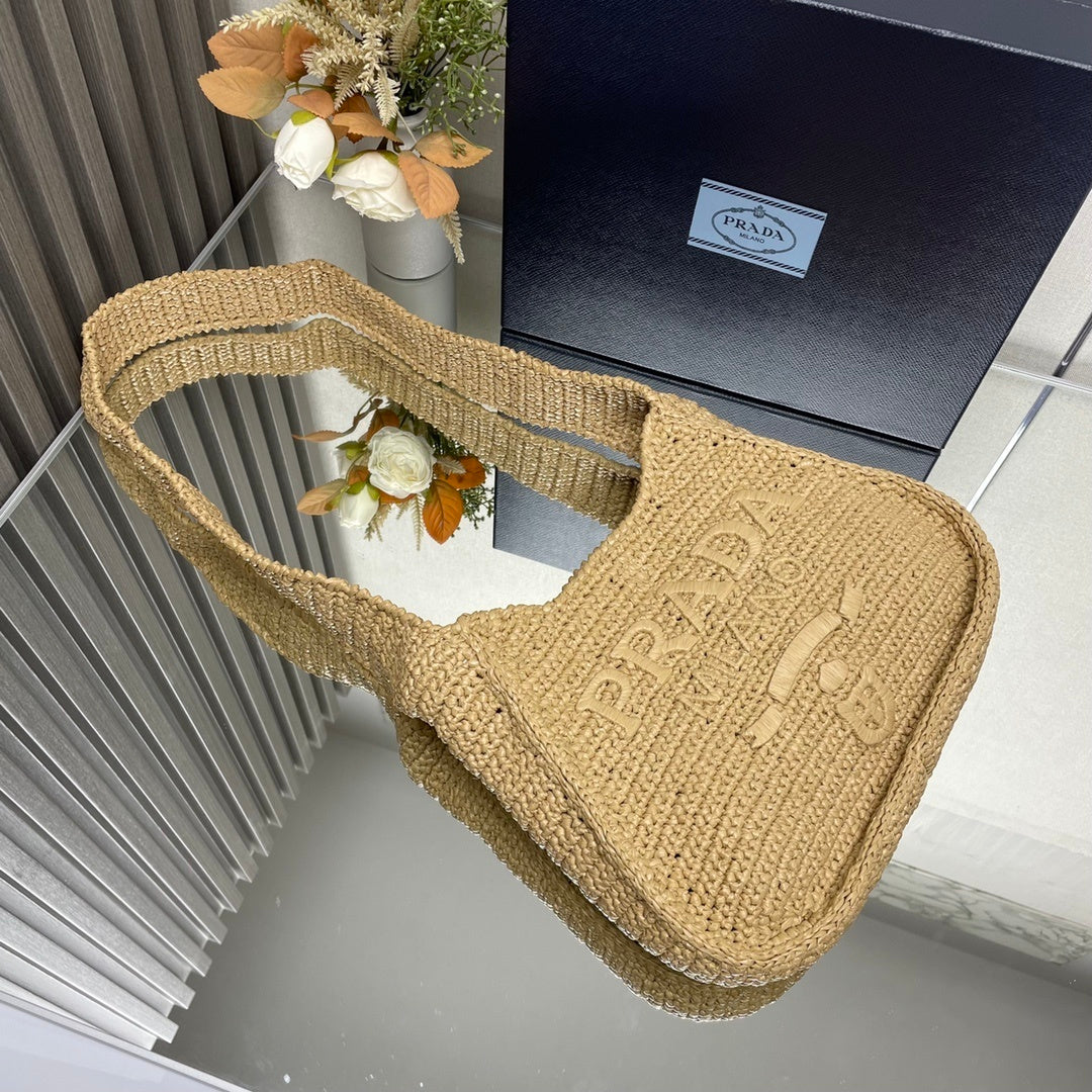 Prada Re-Edition 2005 Crochet Raffia Shoulder Bag – Natural Beige