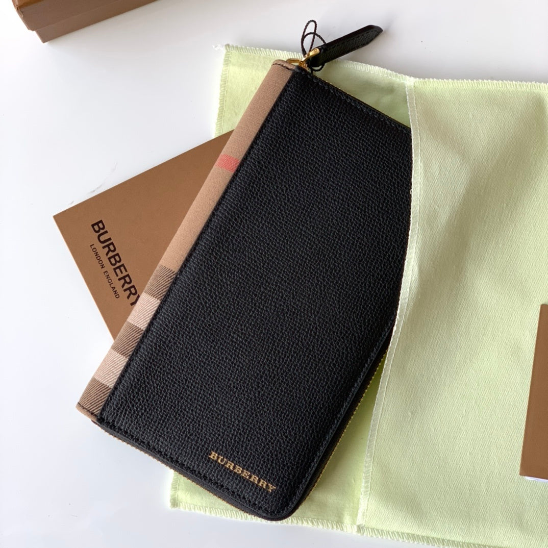 Burberry Logo Leather Continental Wallet in Black Calfskin with Check Side Panel