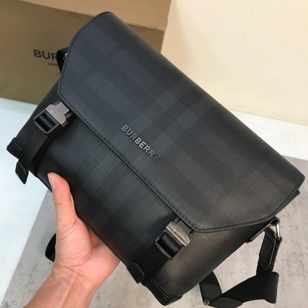 Burberry Black Charcoal Check Messenger Bag with Leather Trim