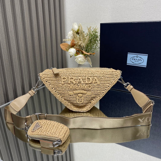 Prada Crochet Triangle Shoulder Bag – Natural Tan Raffia-Effect