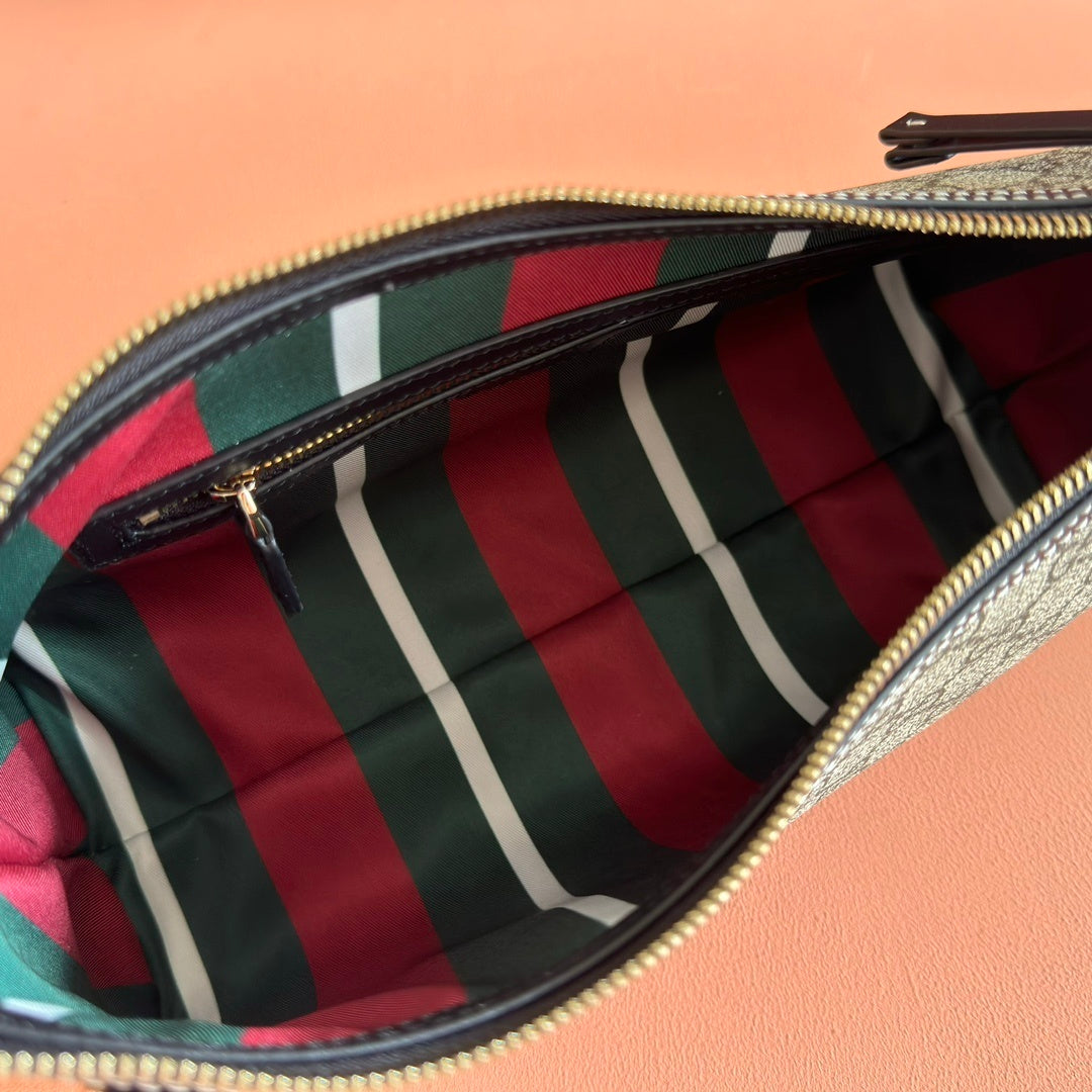 Gucci GG Emblem Medium Shoulder Bag in Beige & Dark Brown Fabric with Leather Trim