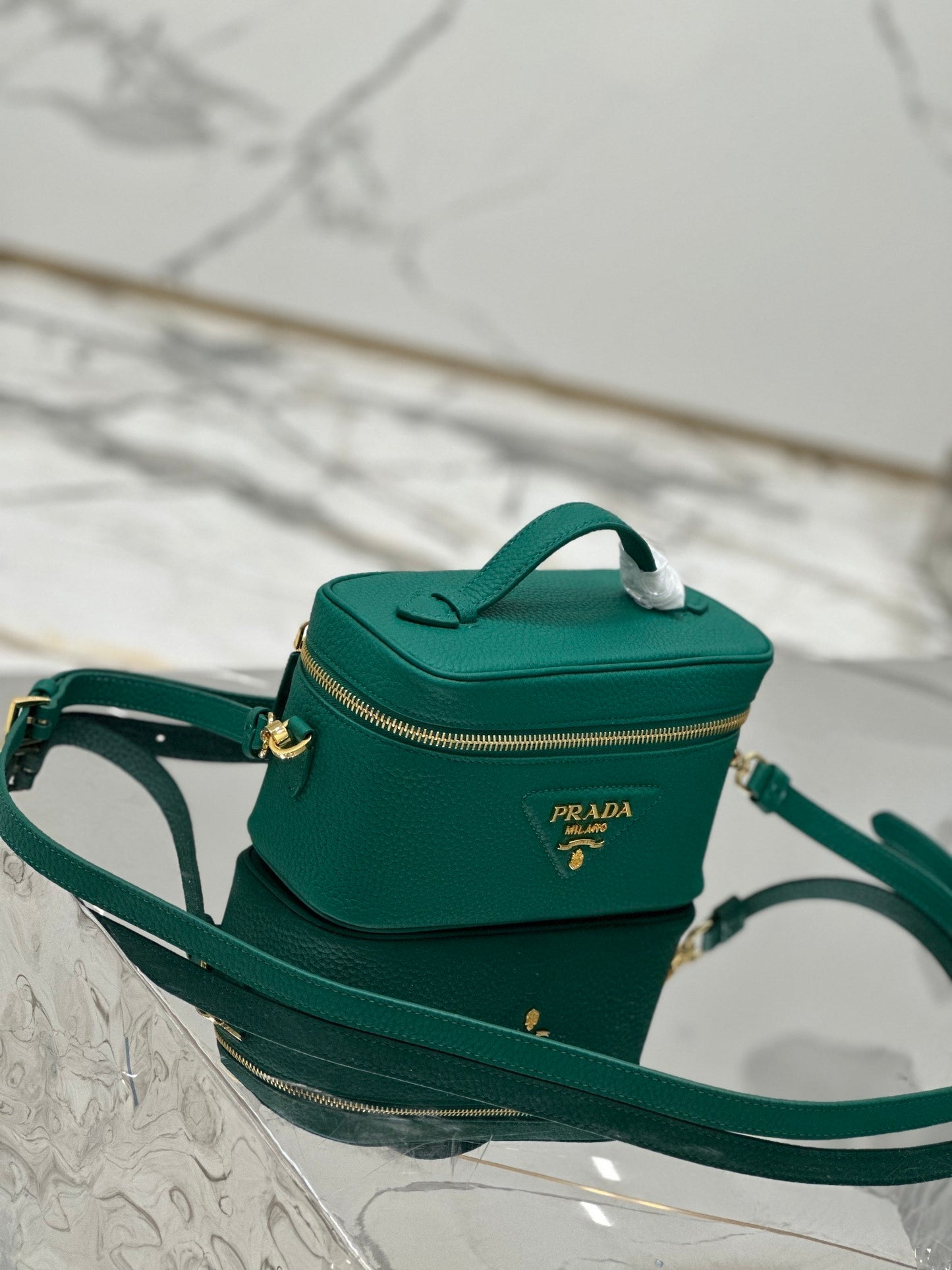 Prada Convertible Top Handle Vanity Shoulder Bag in Green Leather – Elegant Designer Bag