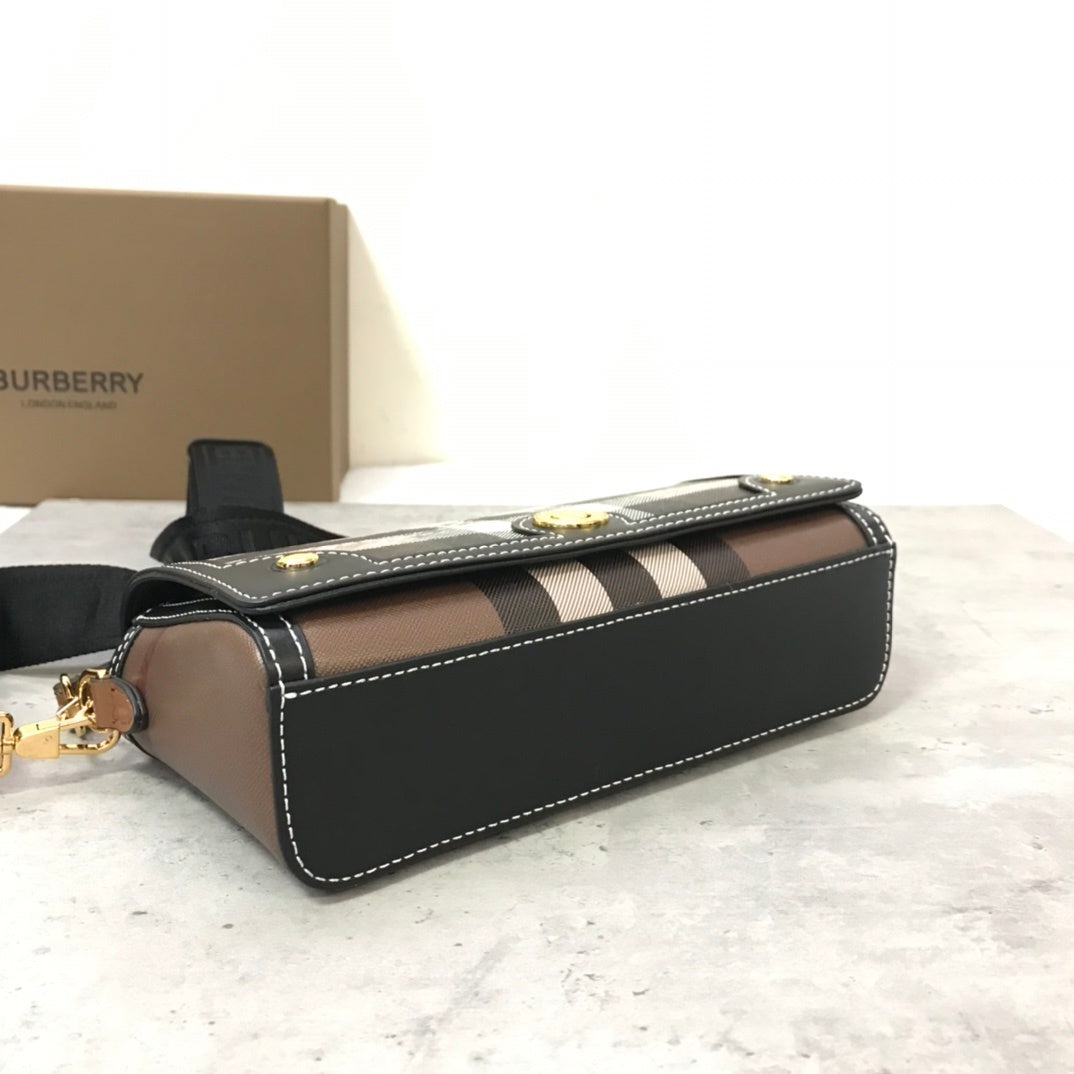 Burberry Note Bag with Iconic Check Pattern and Smooth Leather Trim