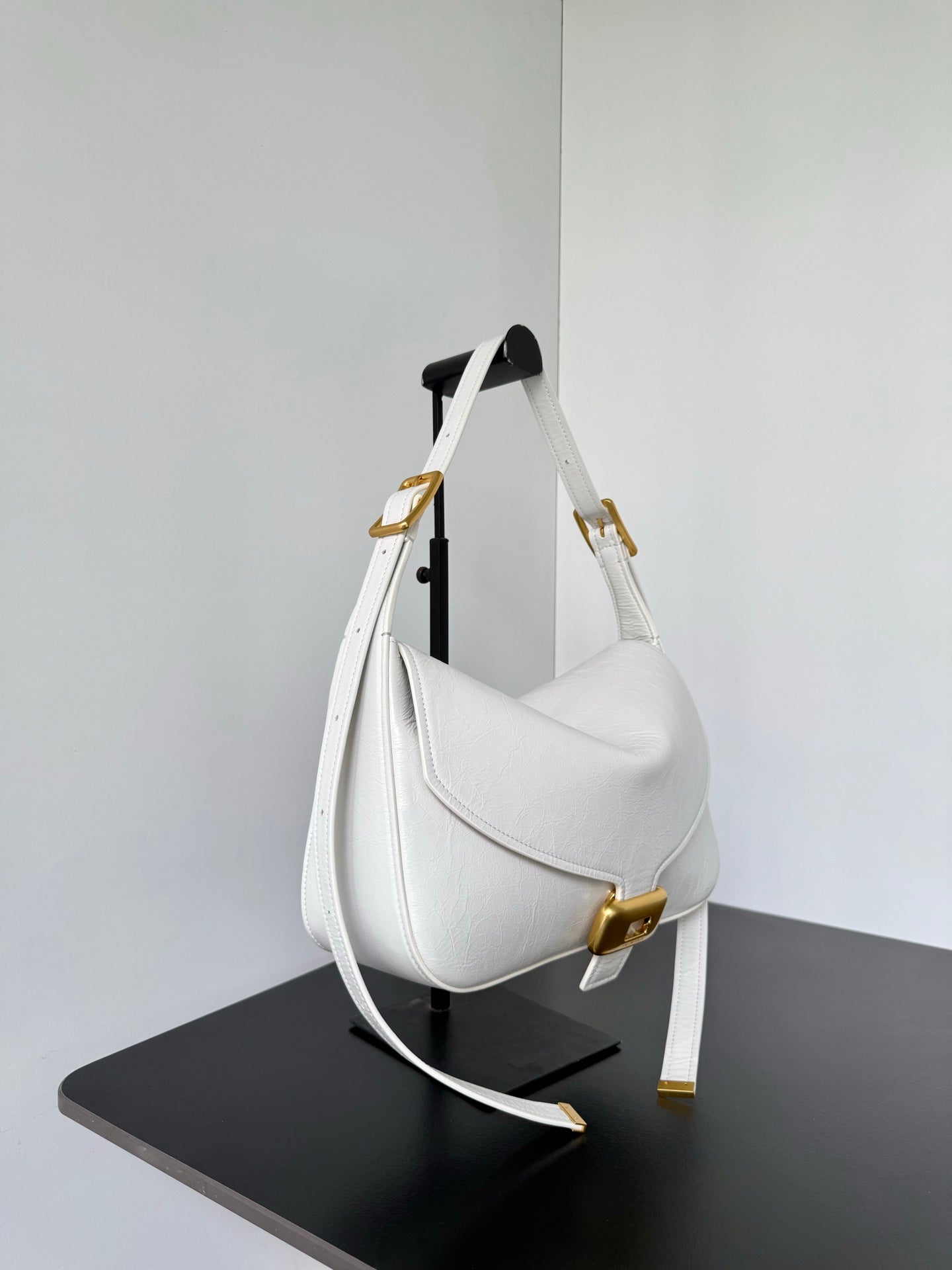 Balenciaga Clicca White Leather Shoulder Bag Gold Buckles