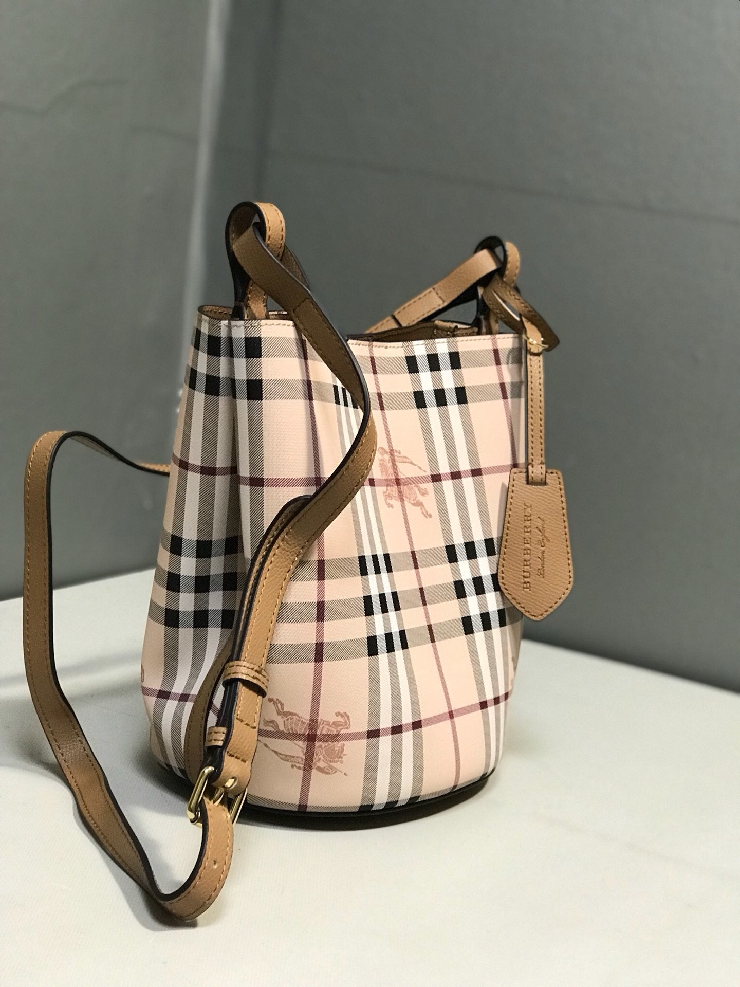Burberry Lorne Bucket Bag Haymarket Check Luxury Handbag