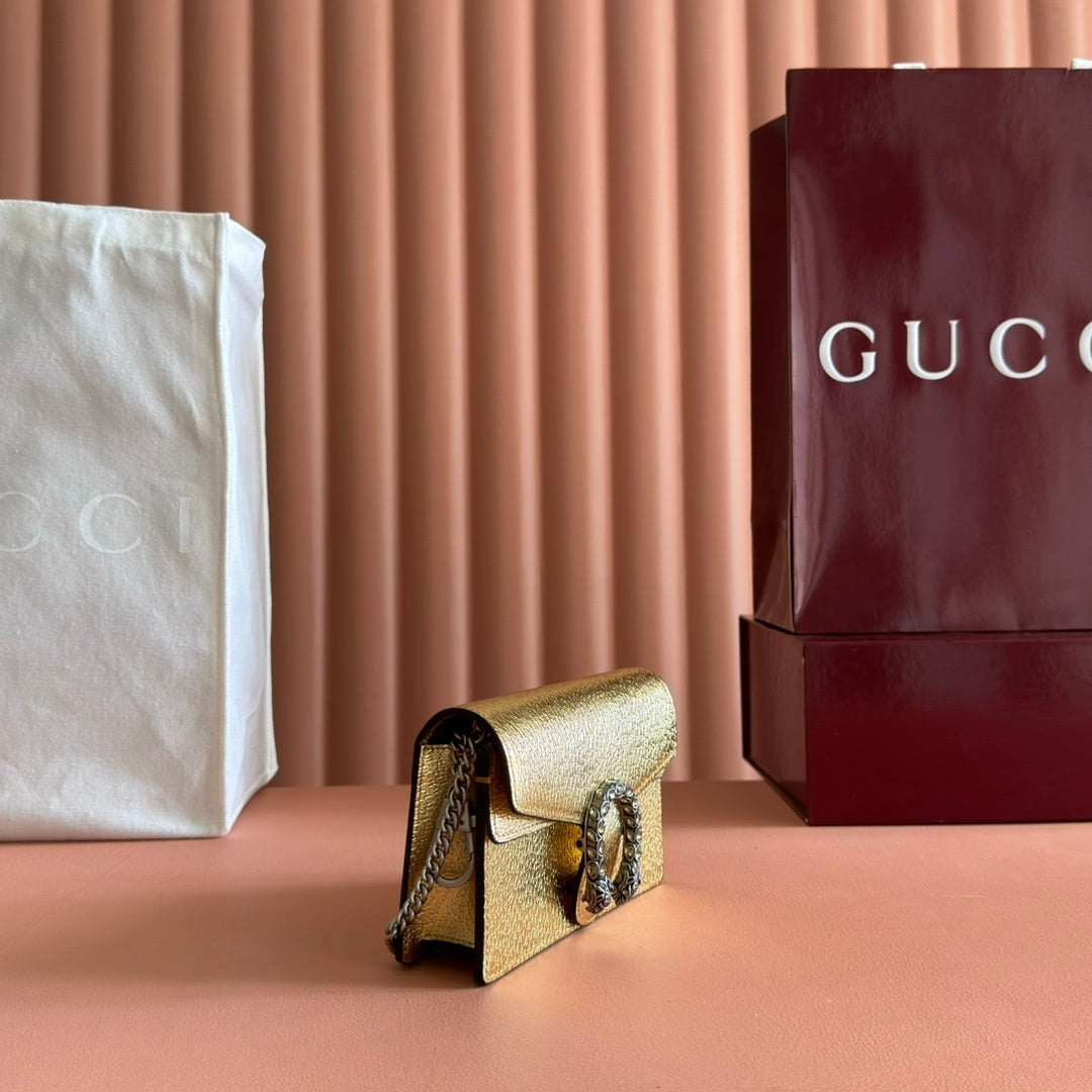 Gucci Dionysus Super Mini Gold Leather Bag with Crystal Tiger Head Closure