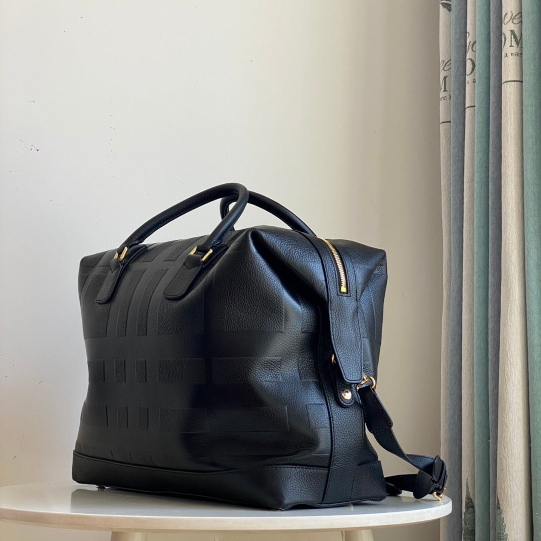 Burberry Black Leather Boston Bag with Check-Embossed Pattern
