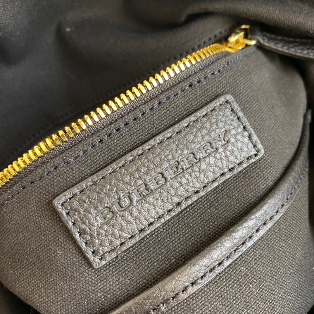 Burberry Black Leather Boston Bag with Check-Embossed Pattern