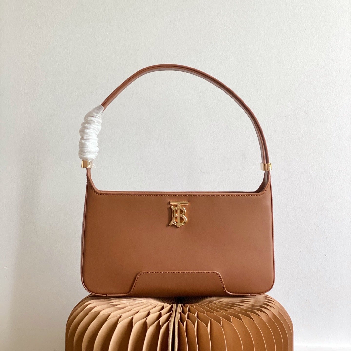 Burberry TB Brown Leather Shoulder Bag with Gold Monogram Logo