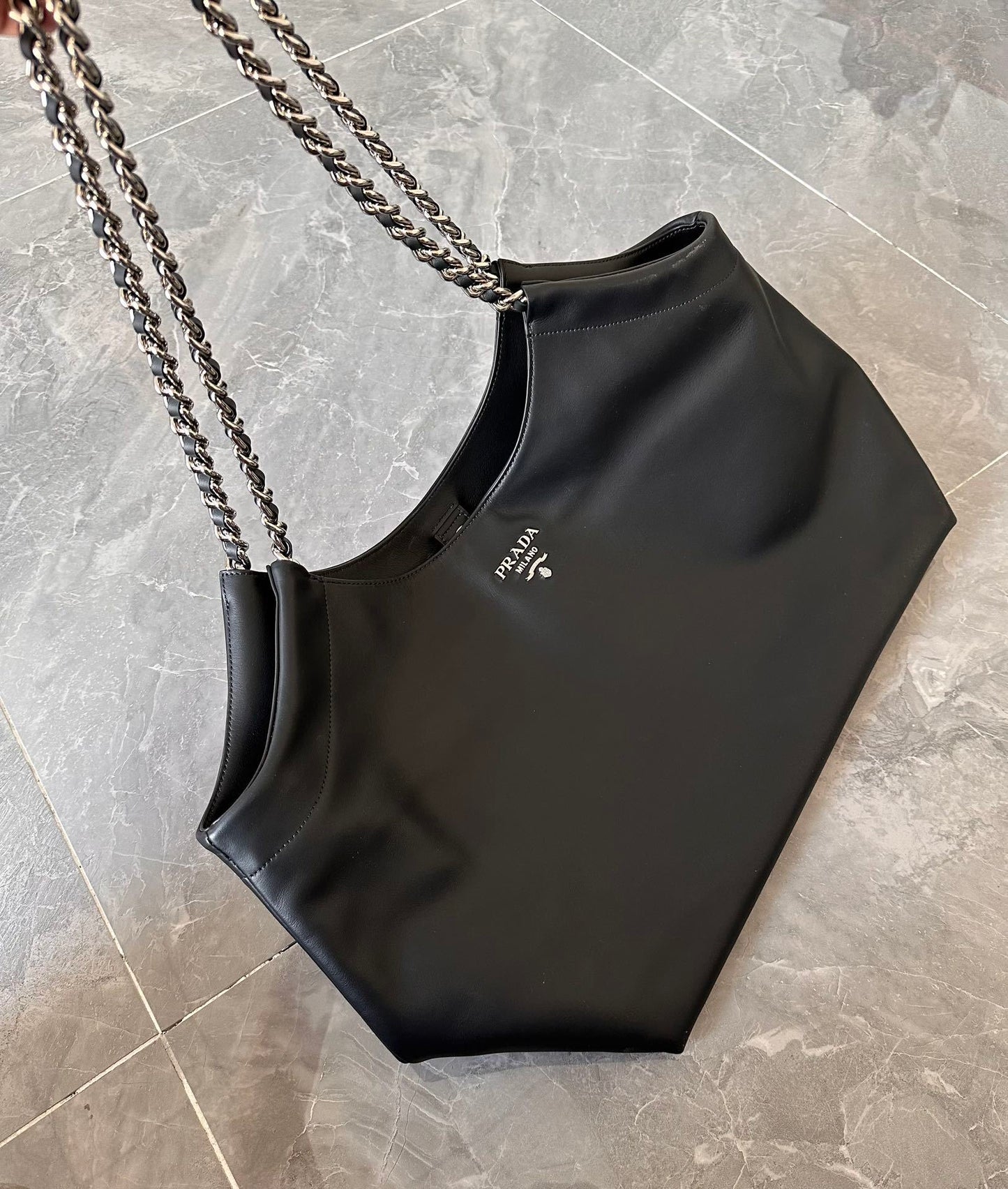 Prada Black Soft Calf Leather Chain Tote Bag