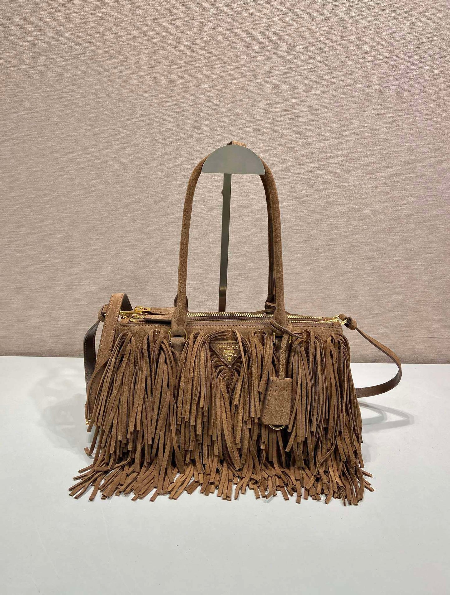 Prada Galleria Medium Cocoa Brown Suede Bag with Fringe