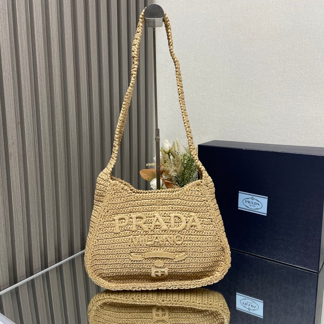 Prada Re-Edition 2005 Crochet Raffia Shoulder Bag – Natural Beige