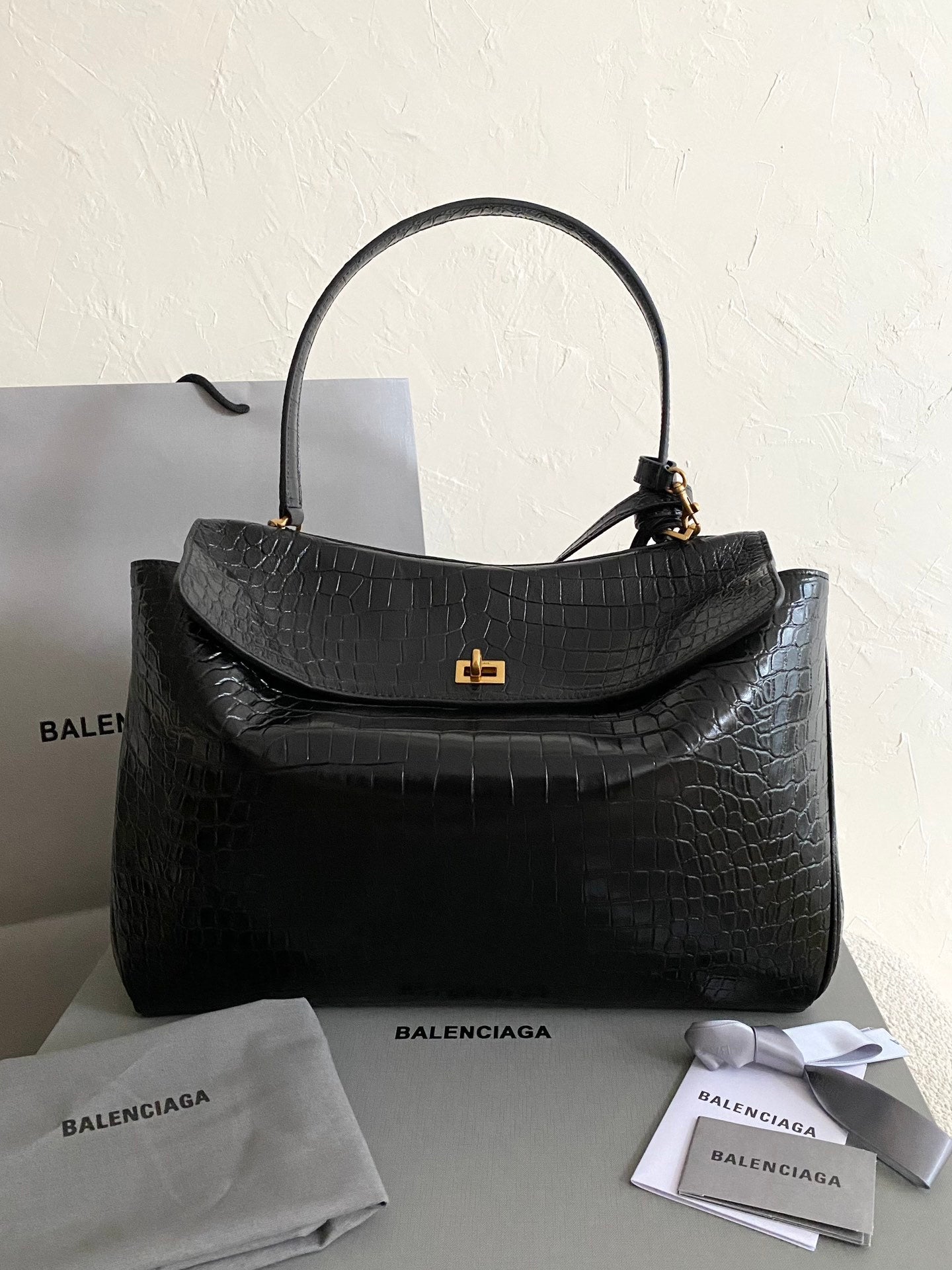 Balenciaga Rodeo Black Crocodile-Embossed Leather Luxury Handbag