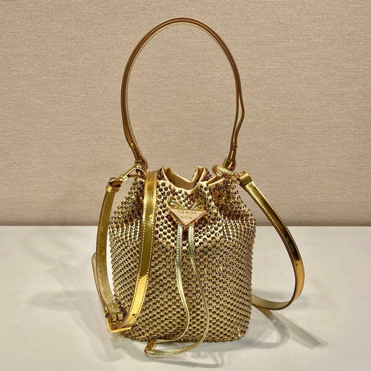 Prada Crystal-Embellished Gold Silk Bucket Bag