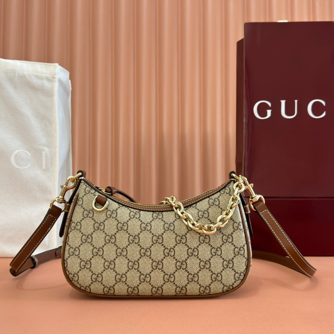 Gucci GG Emblem Small Shoulder Bag in Beige & Dark Brown Monogram with Brown Leather Trim