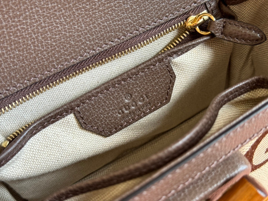 Gucci Small Jumbo GG Canvas Bamboo 1947 Top Handle Bag in Beige & Brown