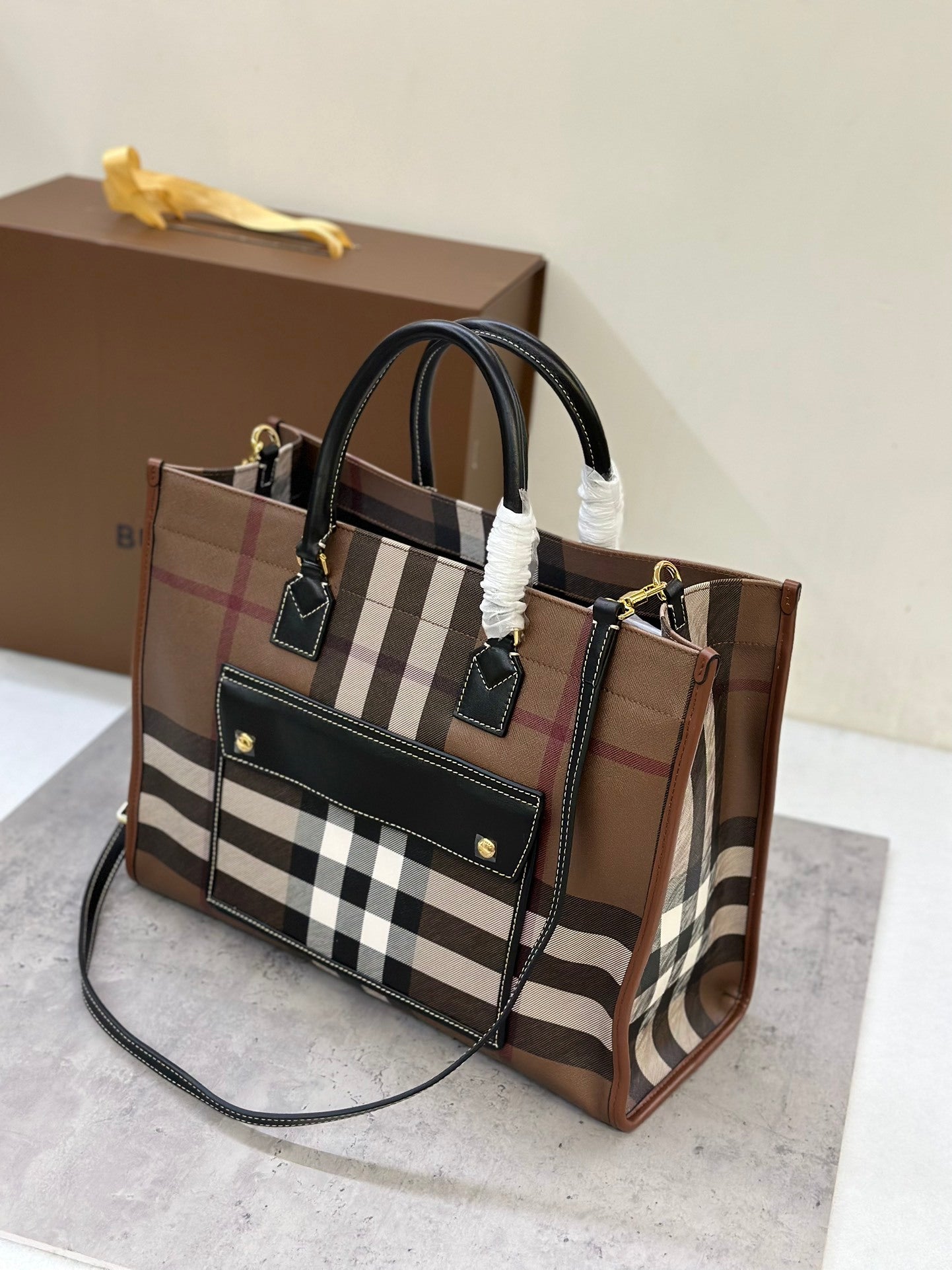 Burberry Medium Freya Tote Bag in Dark Birch Brown Check with Black Leather Trim