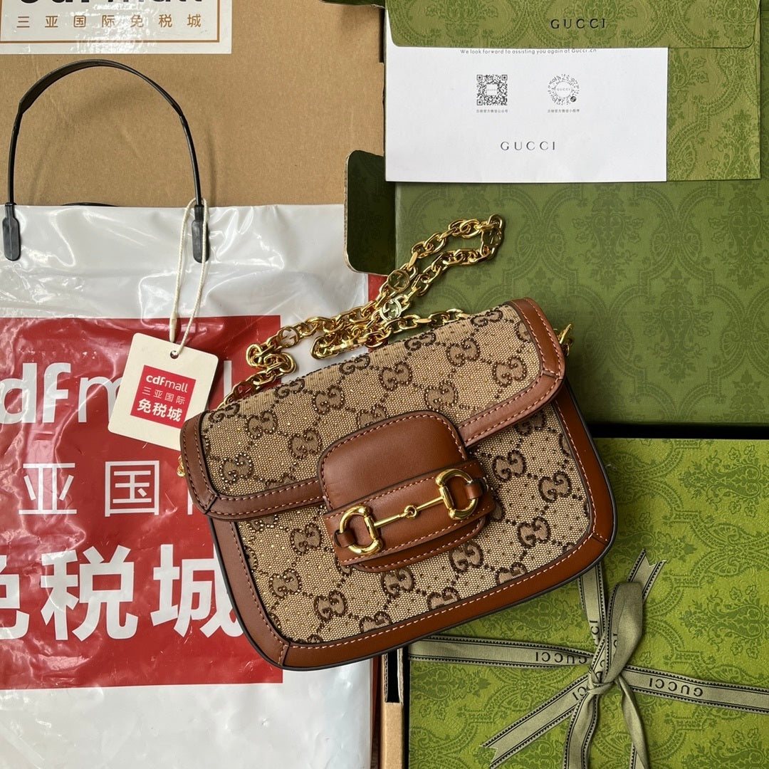 Gucci Horsebit 1955 Mini Shoulder Bag in Beige & Brown GG Supreme Canvas