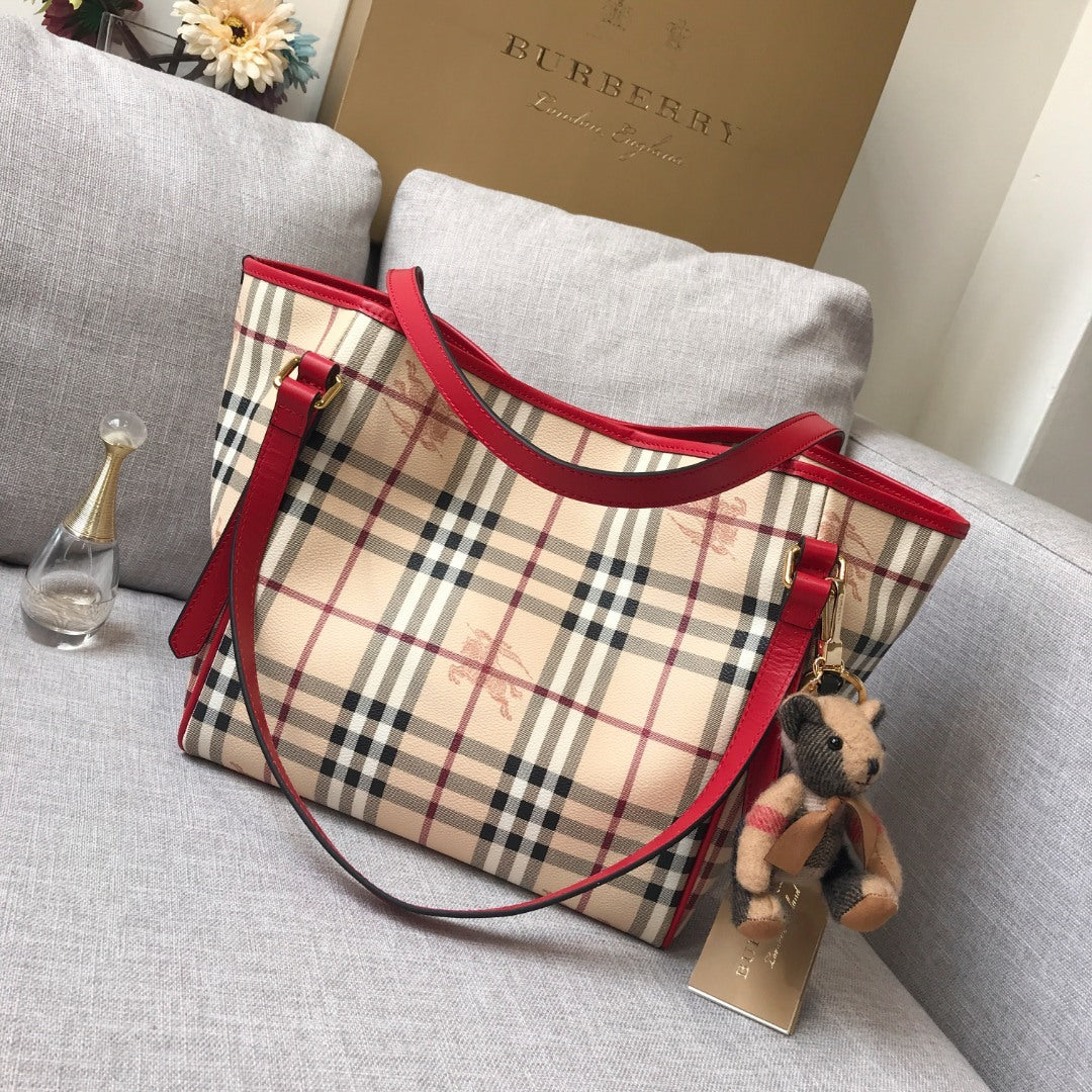 Burberry Canterbury Tote Haymarket Check Canvas & Red Leather Bag