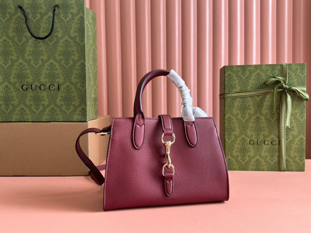 Gucci Small/Medium Tote Bag in Rosso Ancora Red or Bordeaux Grained Leather with Hook Closure