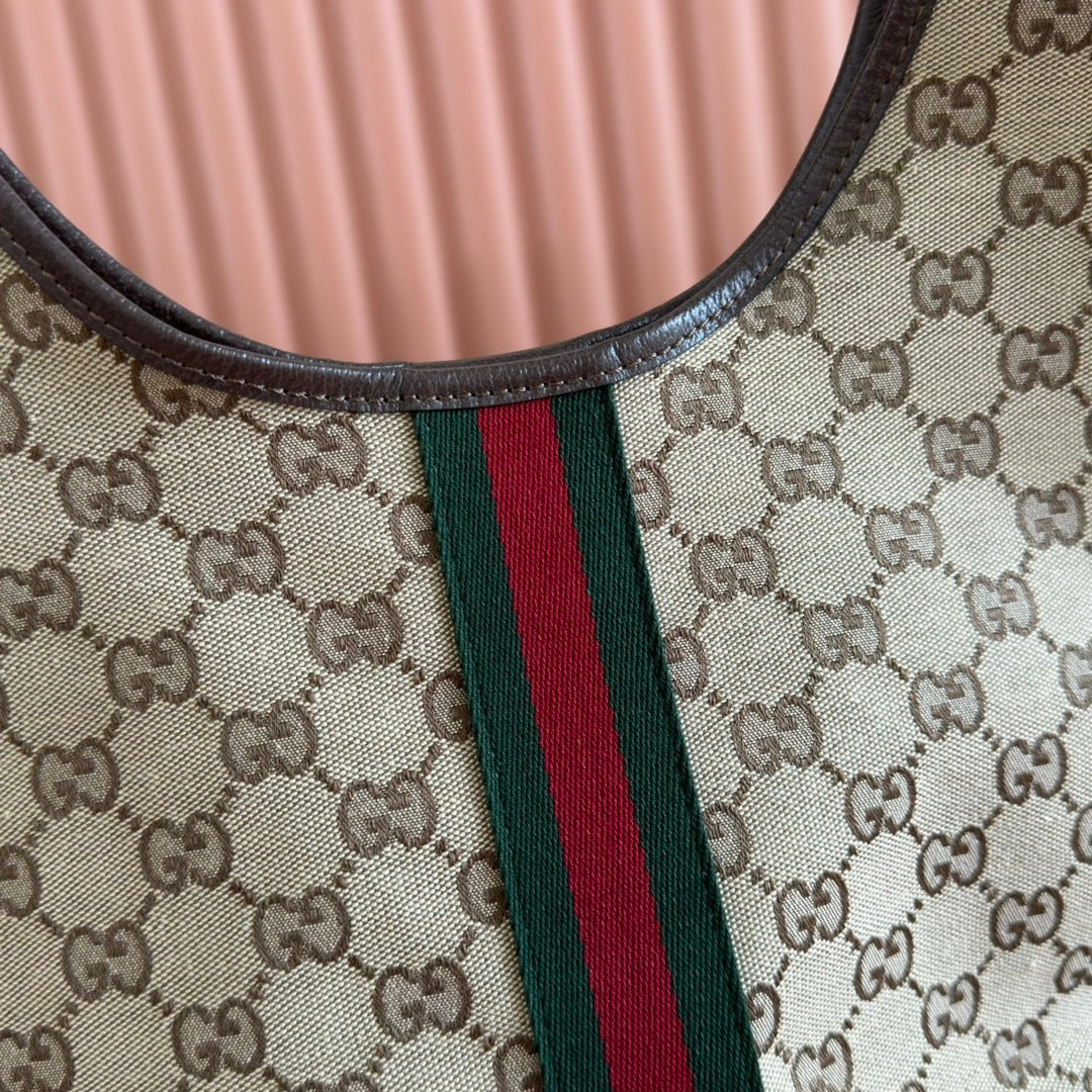 Gucci Giglio Large Tote Bag in Beige and Dark Brown GG Canvas with Web Trim