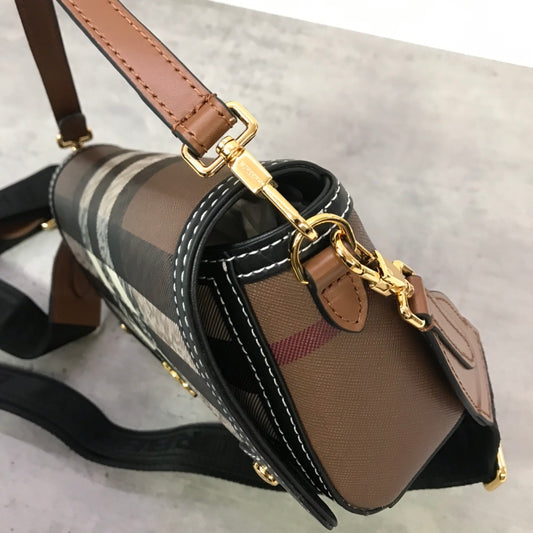 Burberry Note Bag with Iconic Check Pattern and Smooth Leather Trim