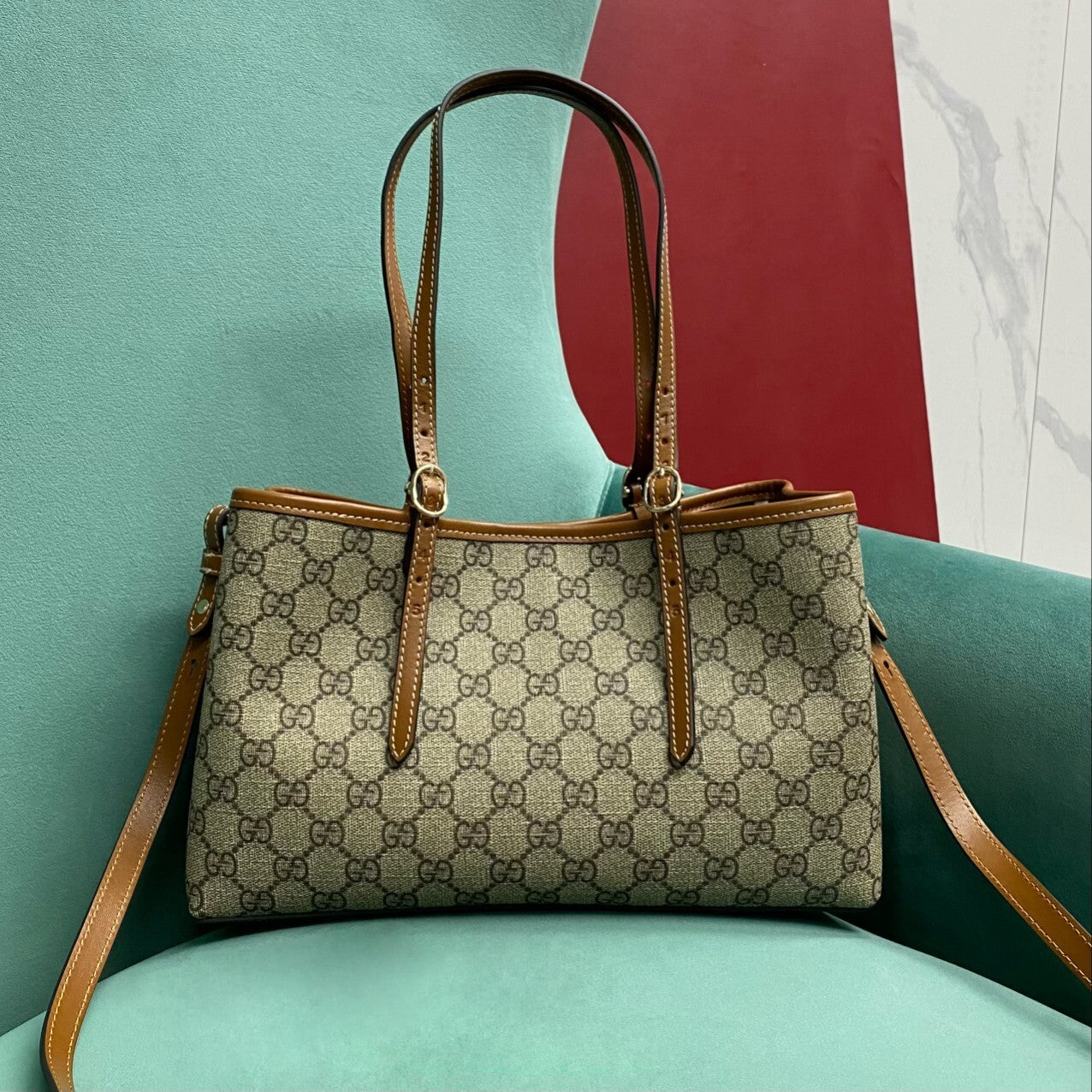 Gucci GG Emblem Medium Tote Bag in Beige Monogram with Brown Leather Trim