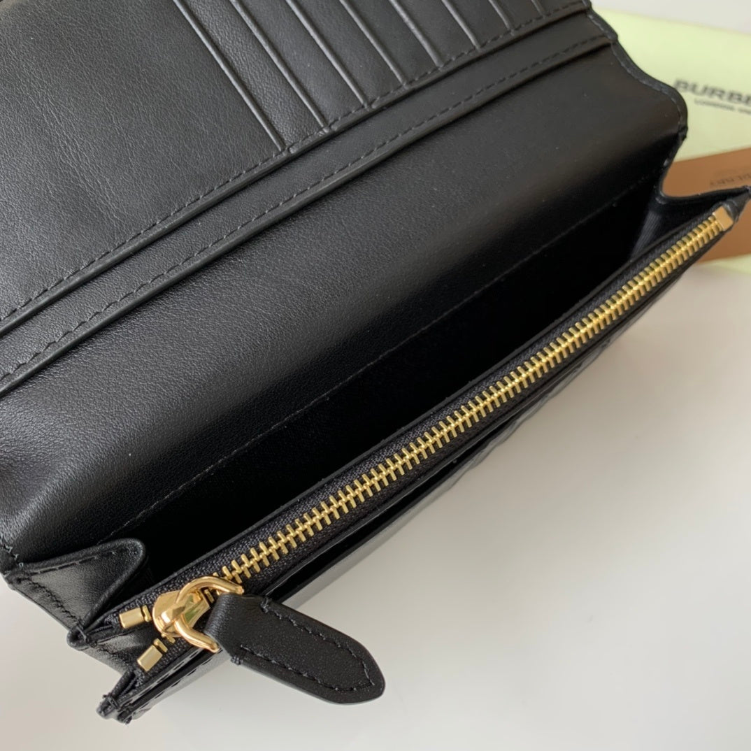 Burberry Long Grainy Leather Wallet with House Check Side Panel