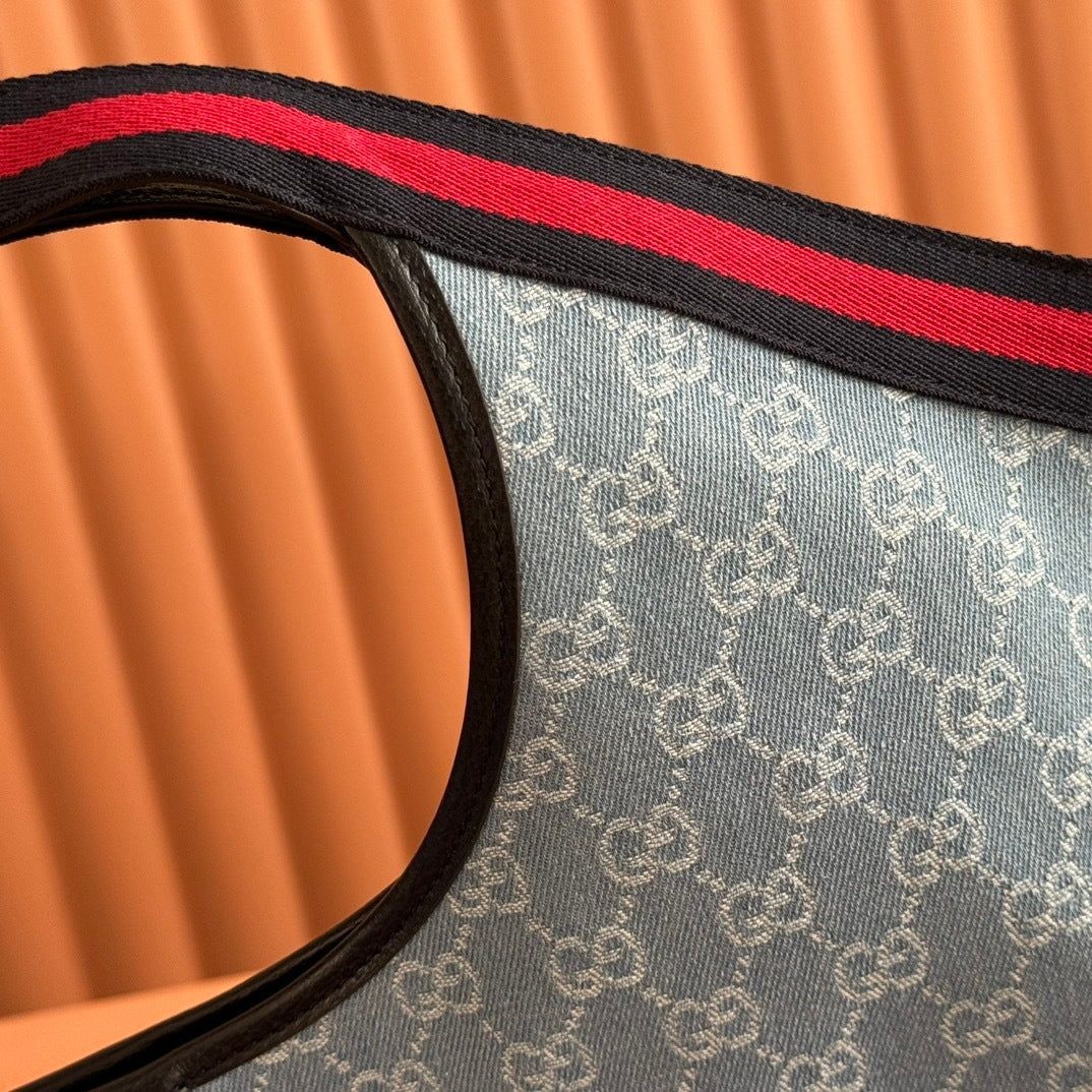 Gucci Giglio Large Tote Bag in Blue and White GG Denim with Web Trim