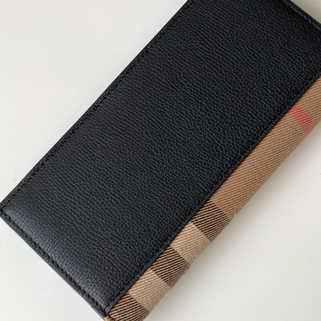 Burberry Long Grainy Leather Wallet with House Check Side Panel