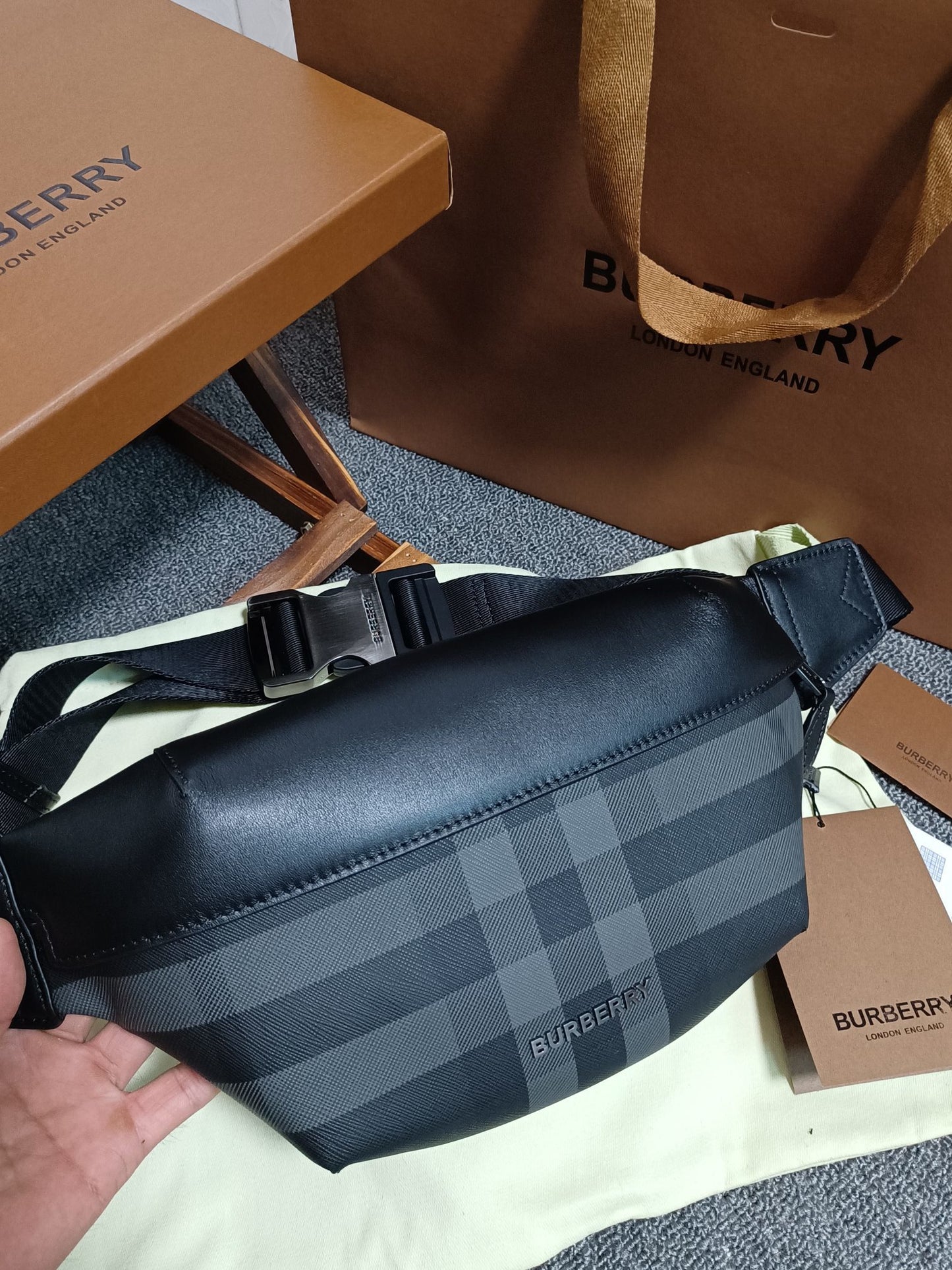 Burberry Sonny Belt Bag in Black Charcoal Check Canvas with Leather Trim