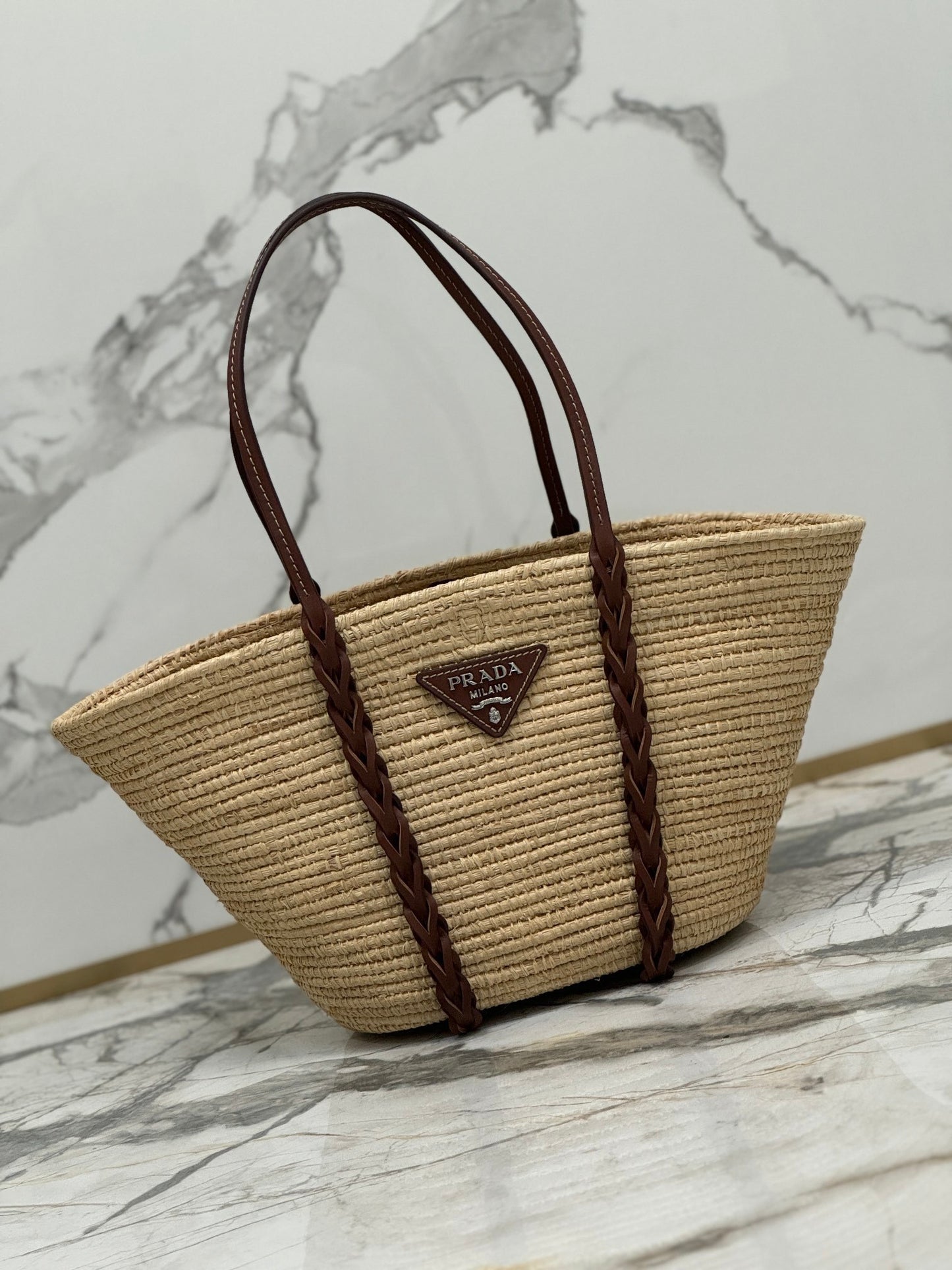 Prada Logo Leather-Trimmed Raffia Basket Bag – Natural/Beige & Cognac with Braided Leather Handles